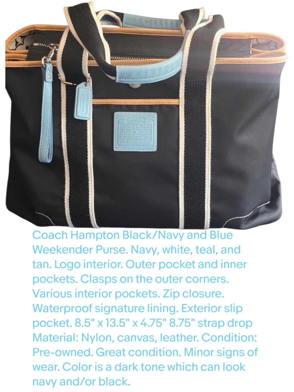 Coach Hampton Black-Navy/Lt. Blue/White/ Tan Leather Weekender Tote Bag